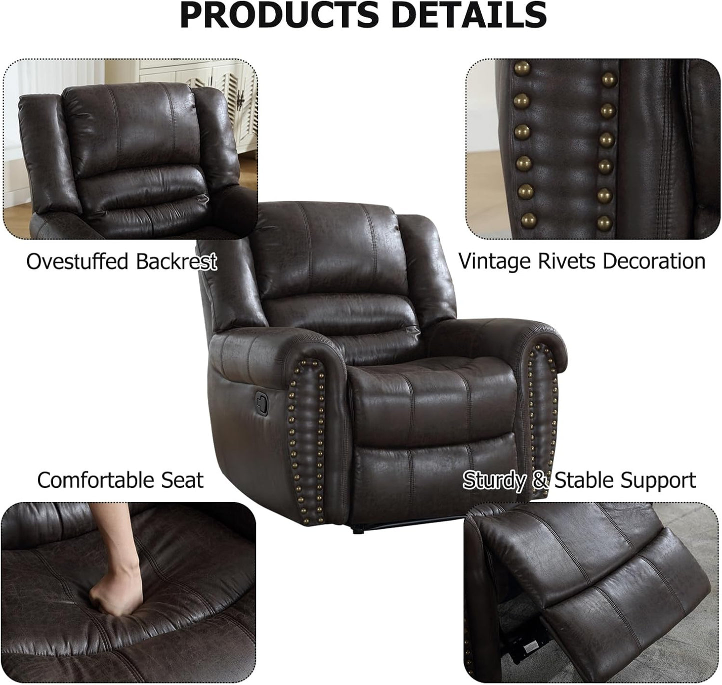 CANMOV Leather Recliner Chair Set of 2, Classic and Traditional Manual Recliner Chair with Comfortable Arms and Back,Manual Single Recliner Sofa for Living Room, Dark Grey