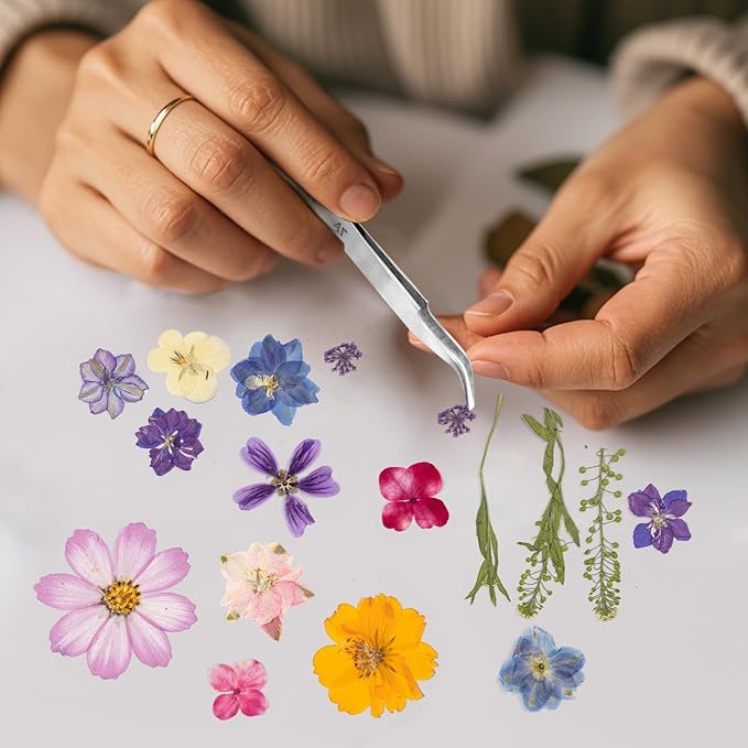 80PCS Spring Large Pressed Flowers Leaves , Real Nature Dry Flowers for Resin Craft, Larage Pressing Floral with Tweezers Set for DIY Jewelry Making Nail Card Scrapbook Art
