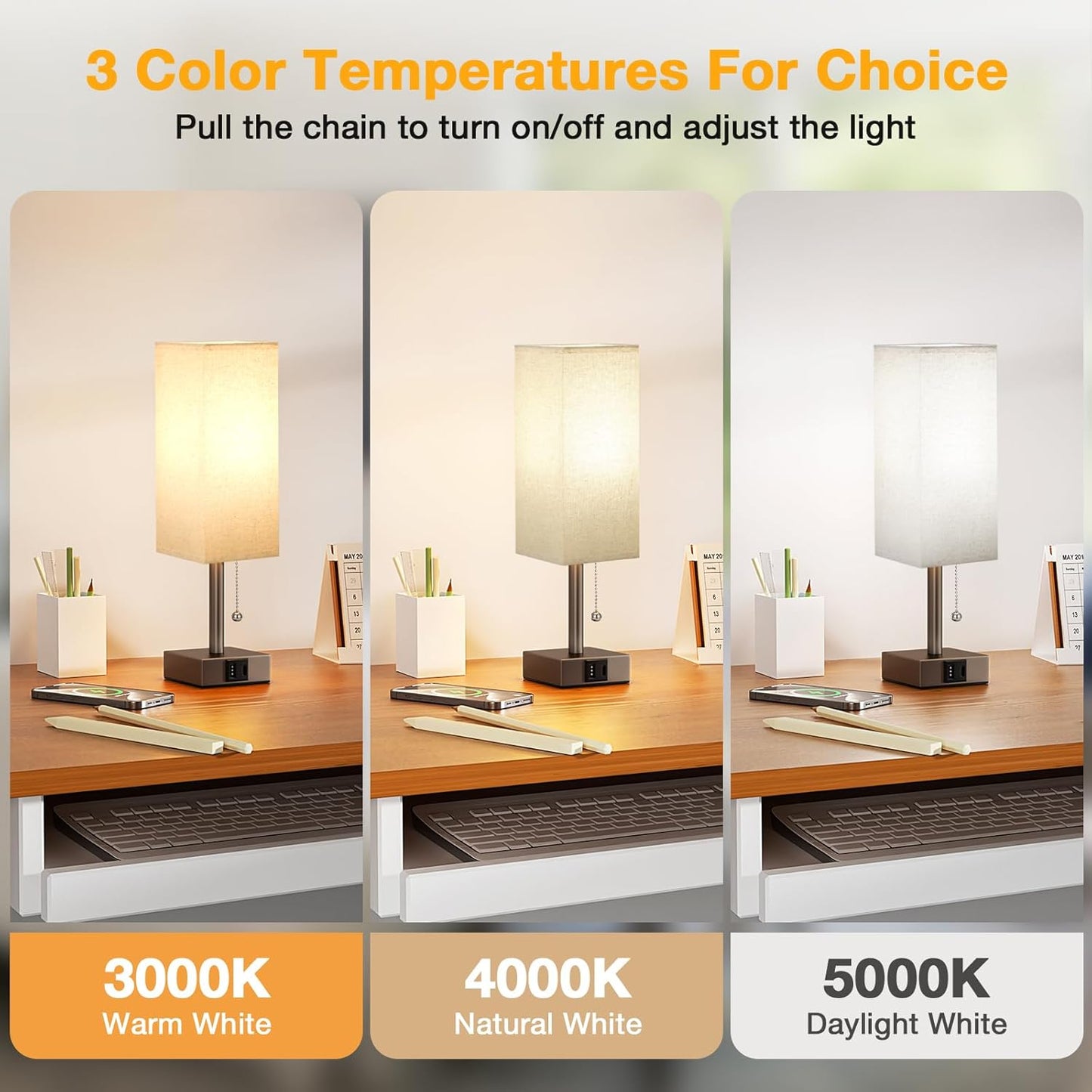 aooshine Beige Small Table Lamp for Bedroom - 3 Color Temperature 3000K 5000K 4000K Bedside Lamp, Pull Chain Control, USB A and C Ports, Brown Base, Bulb Included