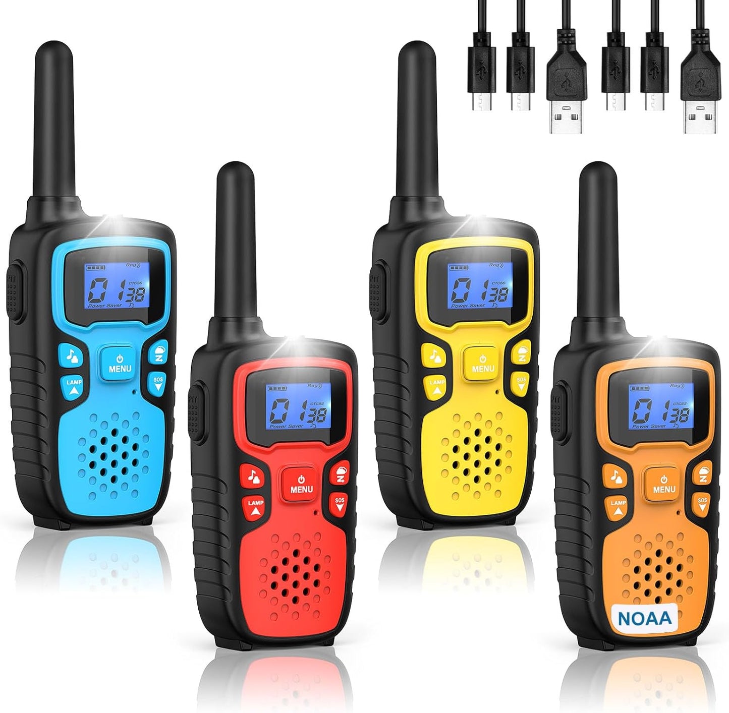 Wishouse Walkie Talkies for Kids Rechargeable Long Range,Xmas Birthday Gift for 4 5 6 7 8 9 Year Old Boys Girls,Hiking Gear Camping Games Cool Toys with NOAA,SOS Siren,Lamp,Lanyards,Easy to Use,4 Pack