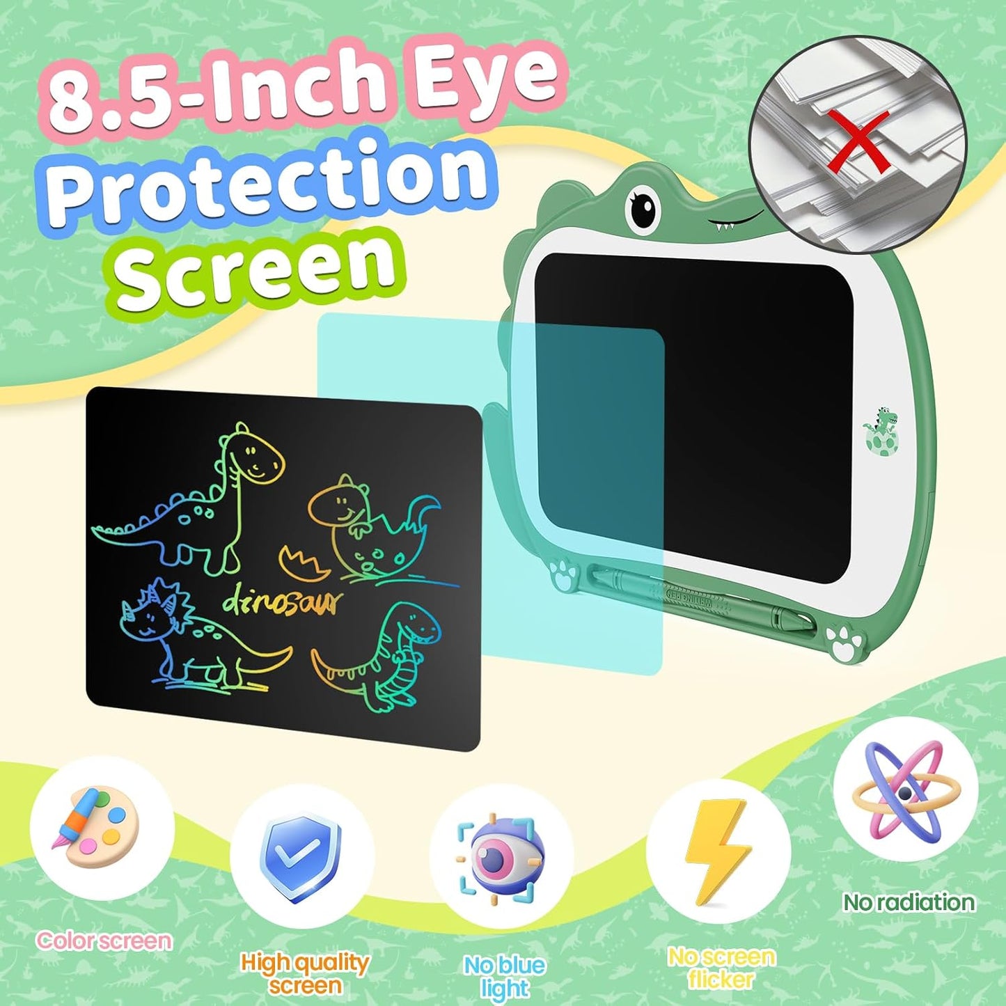 8.5 Inch Dinosaur LCD Drawing Tablet Writing Board Toddler Toy Educational Toys Birthday Christmas Gifts Toys for 3 4 5 6 Years Old Boys and Girls (Green)