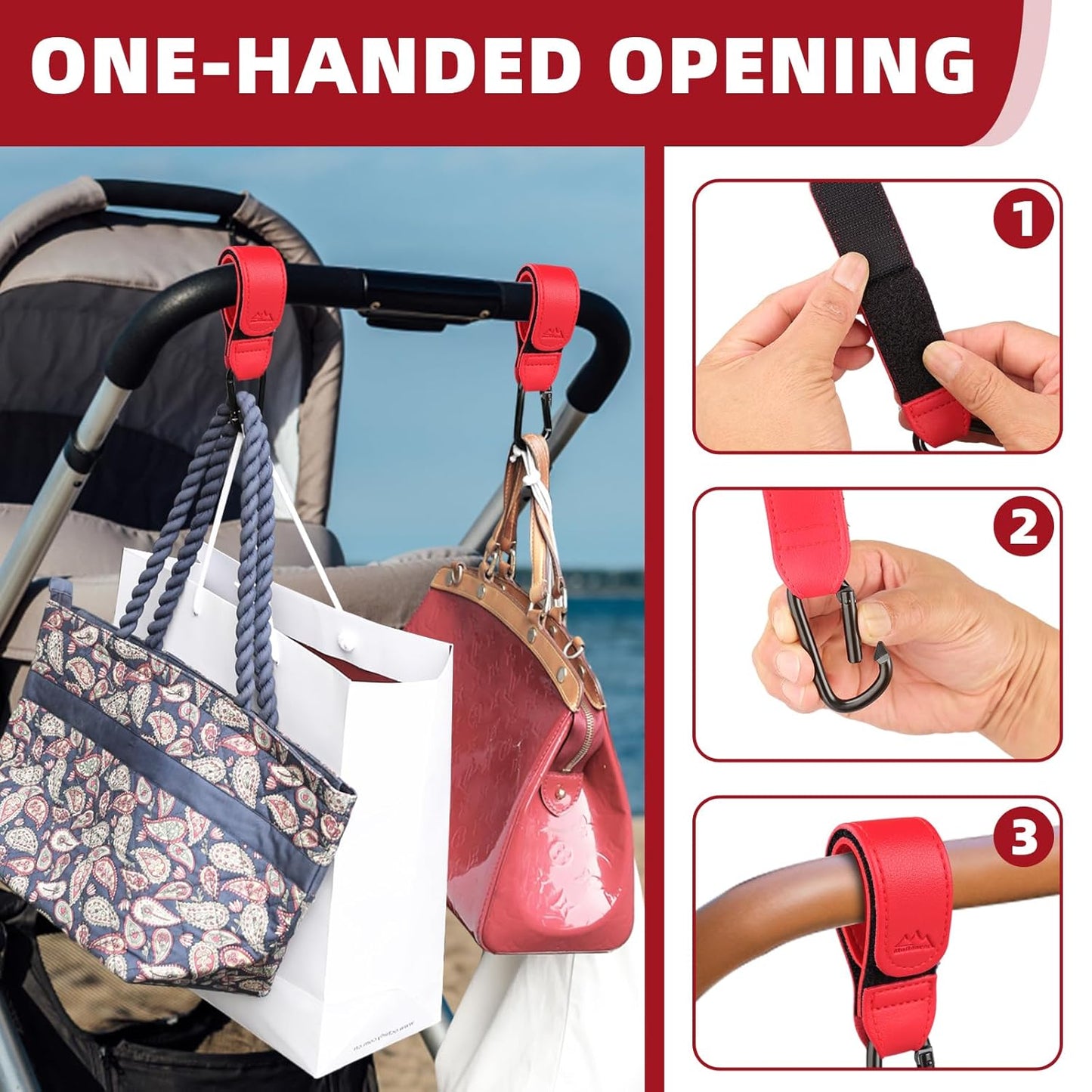 Baby Stroller Hooks Bag Hooks for Hanging Diaper Bags Multipurpose Hooks for Grocery Shopping Bags Premium Vegan Leather Pram Straps 2 Pcs (red)