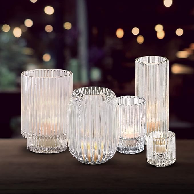 Serene Spaces Living 5in Clear Ribbed Glass Votive Holder, Decorative Centerpiece for Wedding, Christmas, Thanksgiving, Dining Table, Living Room, Home Décor, 3.5" Diameter & 5" Tall, Pack of 24