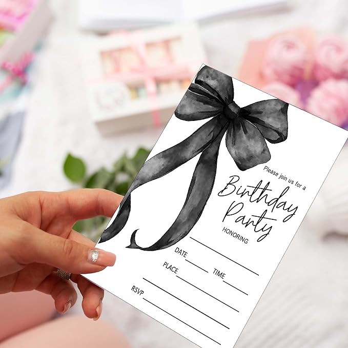 SIXEIGHT Black Bow Birthday Invitations, Black Ribbon Bow Birthday Party Invitations, 20 Party Invitations with Envelopes for Girls Boys, Birthday Party Favor & Decoration (4"x6")-A02