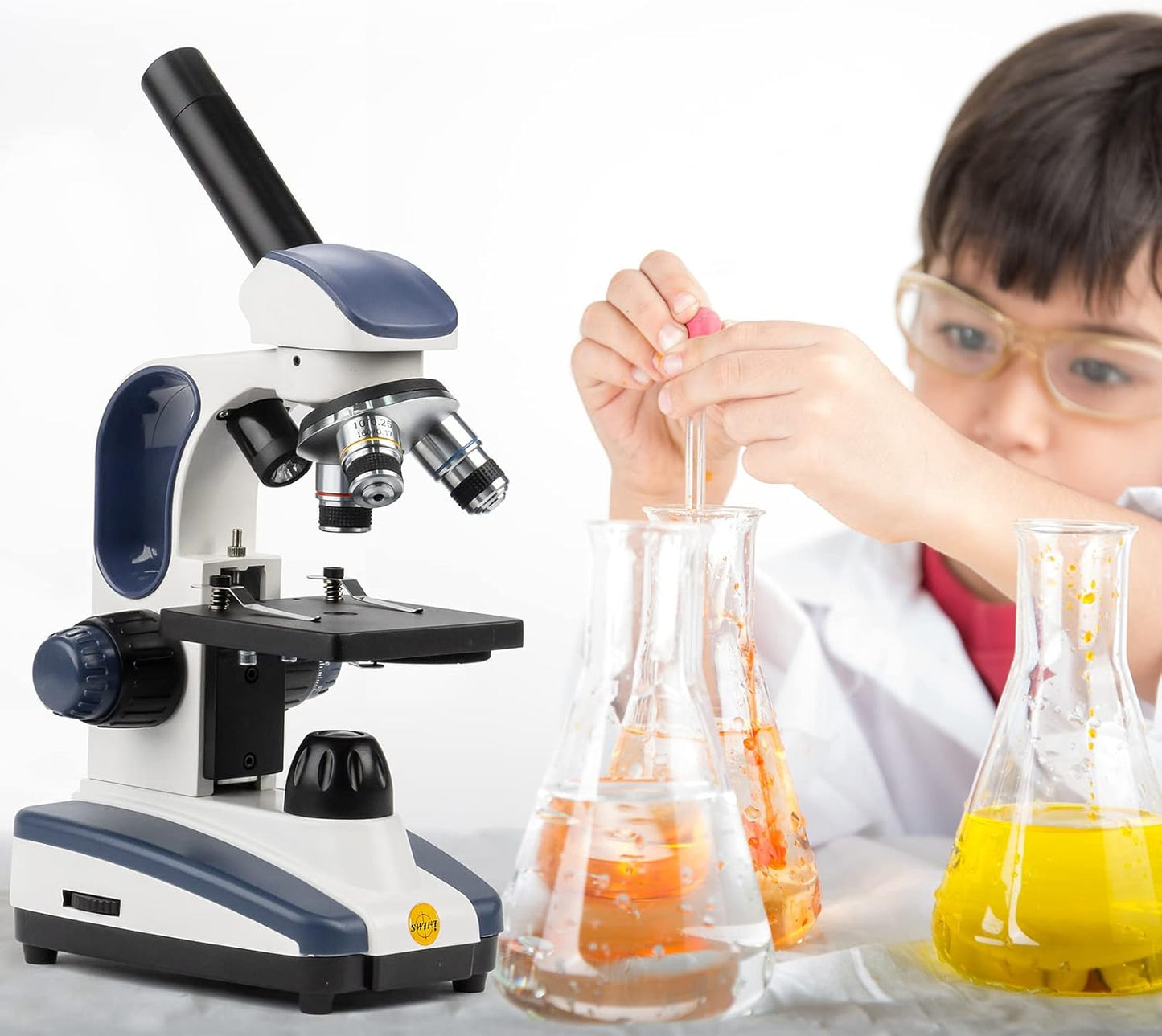 SWIFT Compound Monocular Microscope SW200DL with 40X-1000X Magnification, Dual Light, Precision Fine Focus, Wide-Field 25X Eyepiece and Cordless Capability for Student Beginner