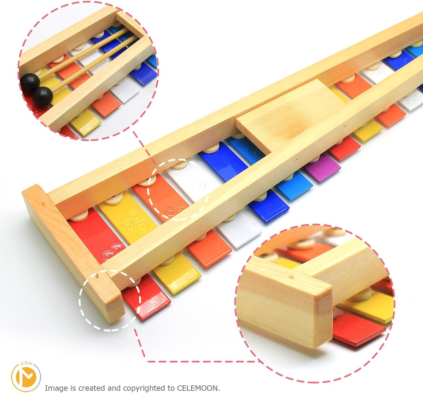 15 Tone Natural Wooden Xylophone Glockenspiel for Kids Toddler with Multi-Colored Metal Bars, Music Instrument for Preschool Educational Learning Toys for Children Boys Girls