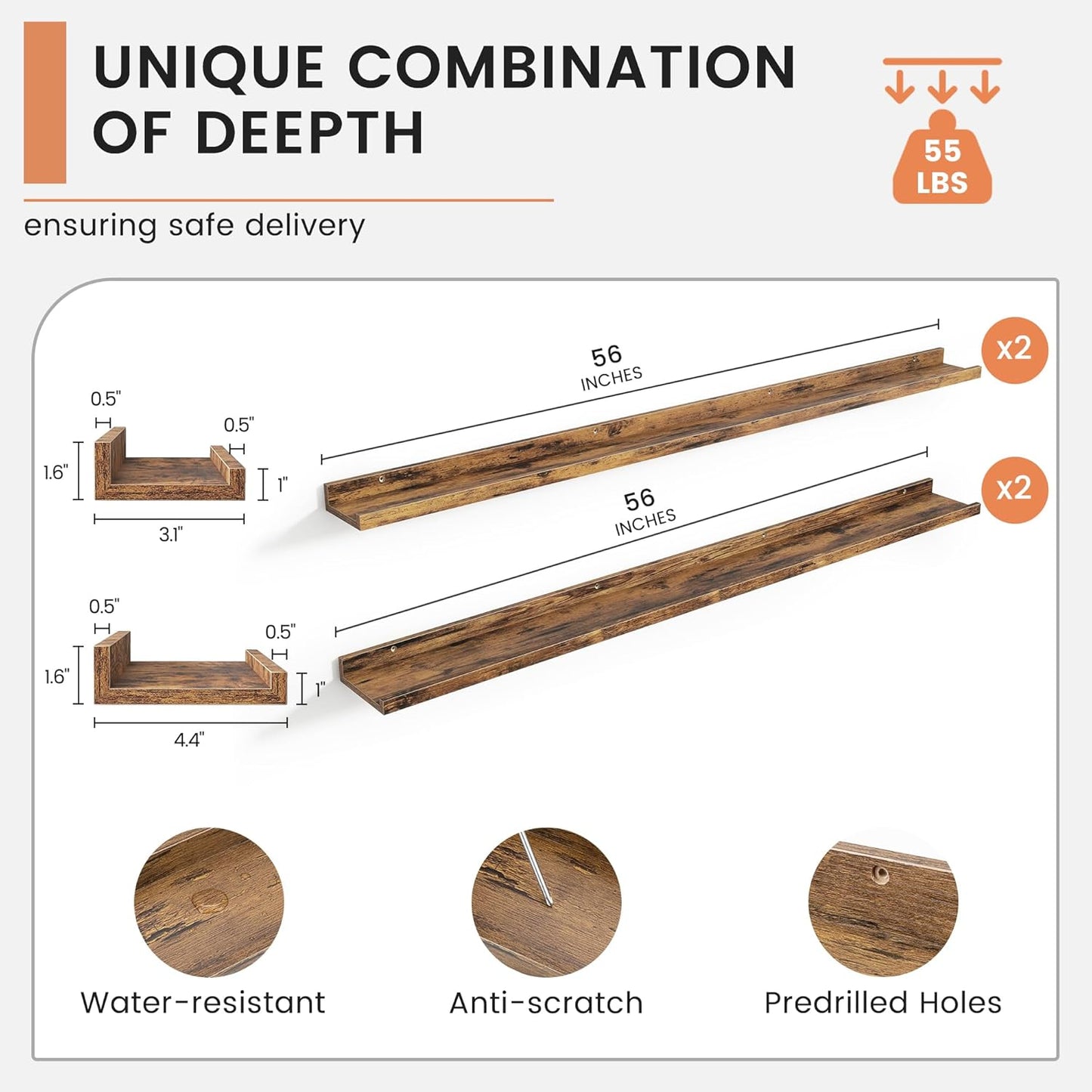 Floating Picture Ledge Shelves Set of 4, 56 Inch Long Large Nursery Book Shelf for Toys Storage Kids Bookshelf Wall Mounted Living Room Bedroom Decor Frames