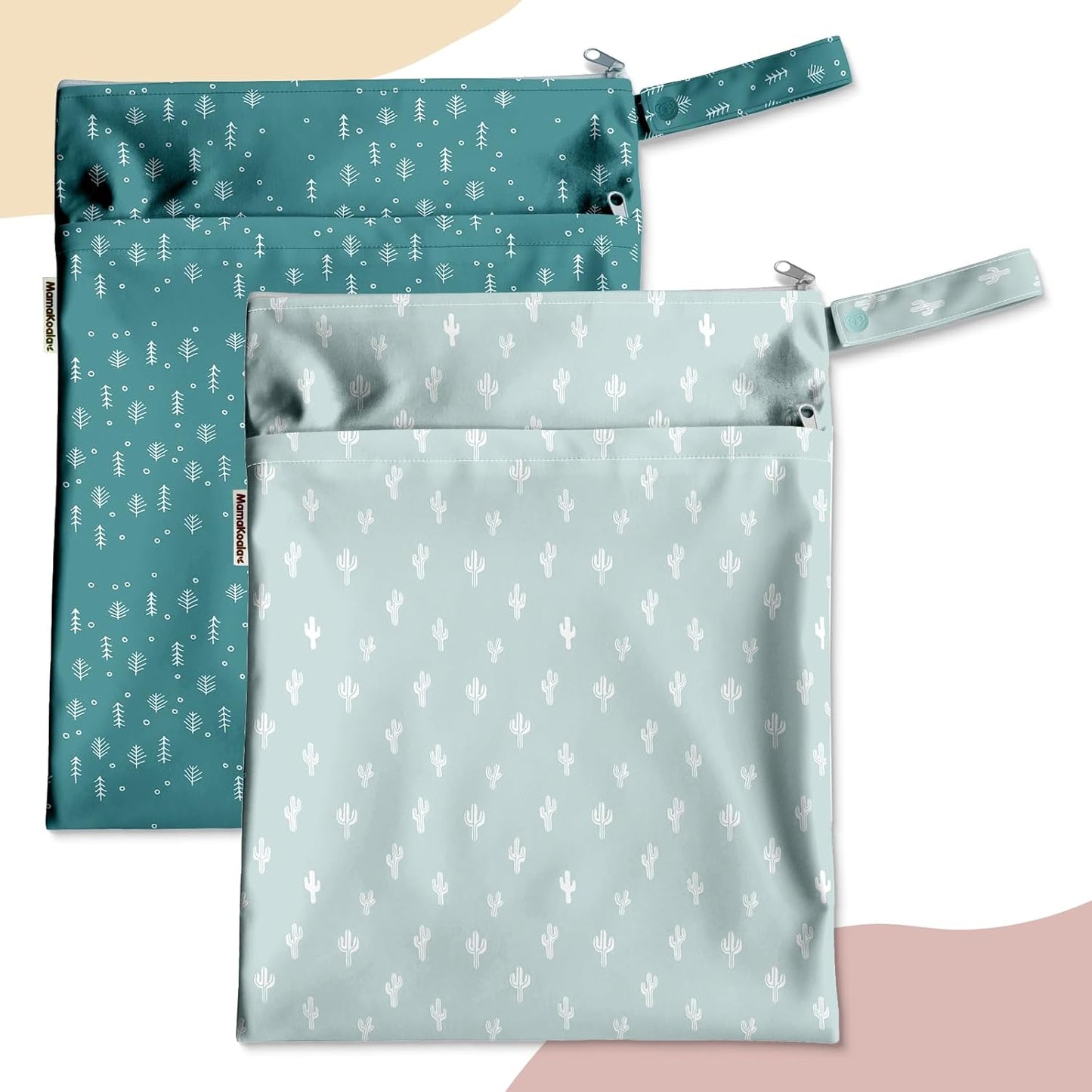 Mama Koala Waterproof Wet Dry Bags for Baby Items, Cloth Diapers, Swimsuits, Travel, Gym Clothes, Beach, Pump Parts, Toiletries, Two Zippered Pockets, 2 Pack (W017)