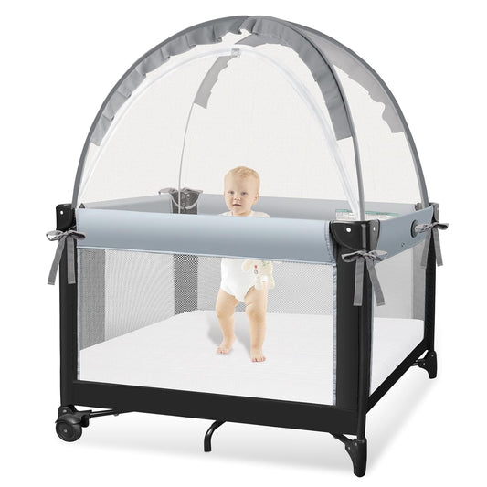 Pack N Play Tent - Mini Crib Tent to Keep Baby from Climbing Out - Crib Net to Keep Baby in - Pop Up Breathable Cribs Cover - Canopy with Upgrade Strong Mesh and Durable Zipper (Gray, Small)