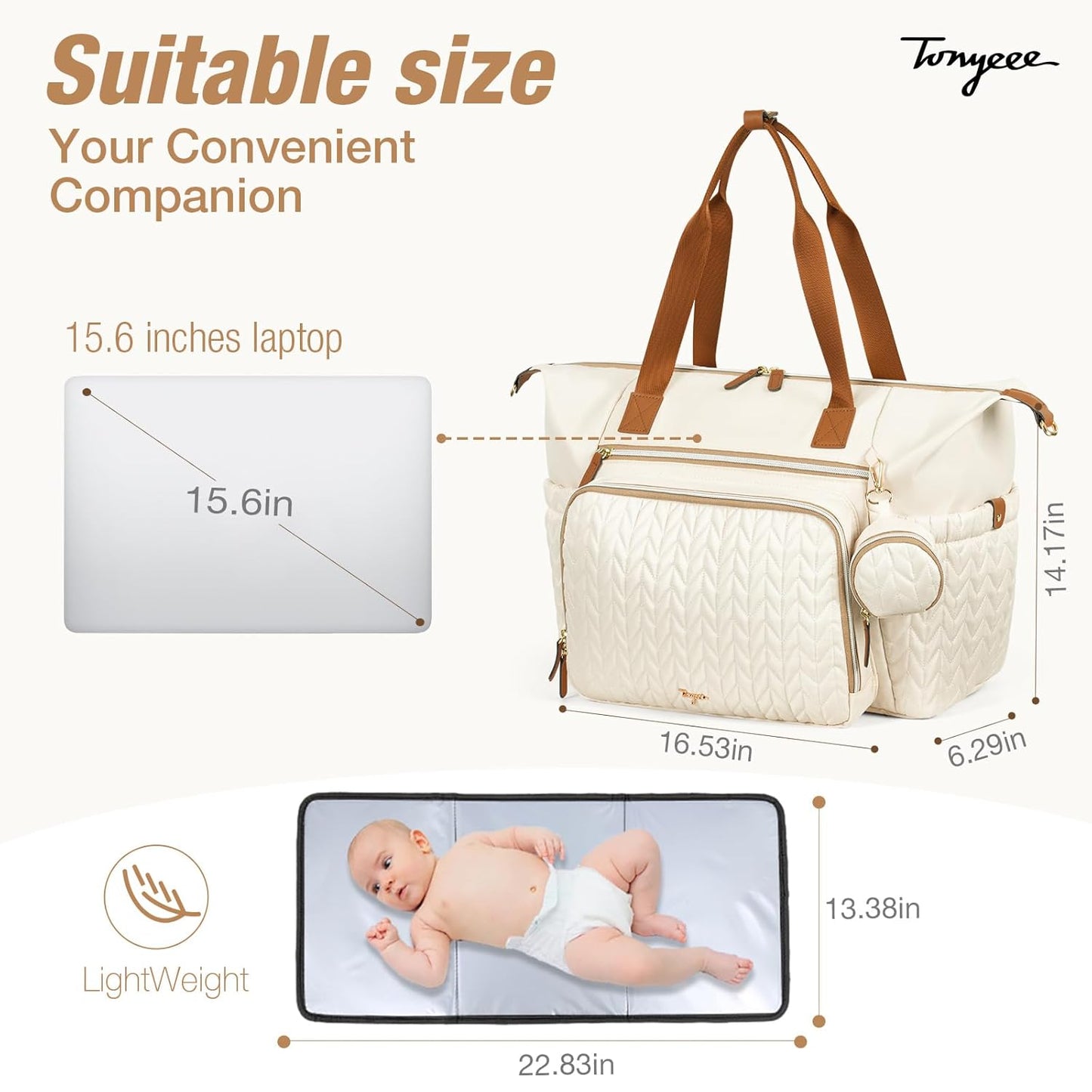Diaper Bag Tote, Large Baby Diaper Bags Waterproof, Hospital Bag for Labor Delivery with Pacifier Case, Changing Pad, Shoulder Strap, Beige