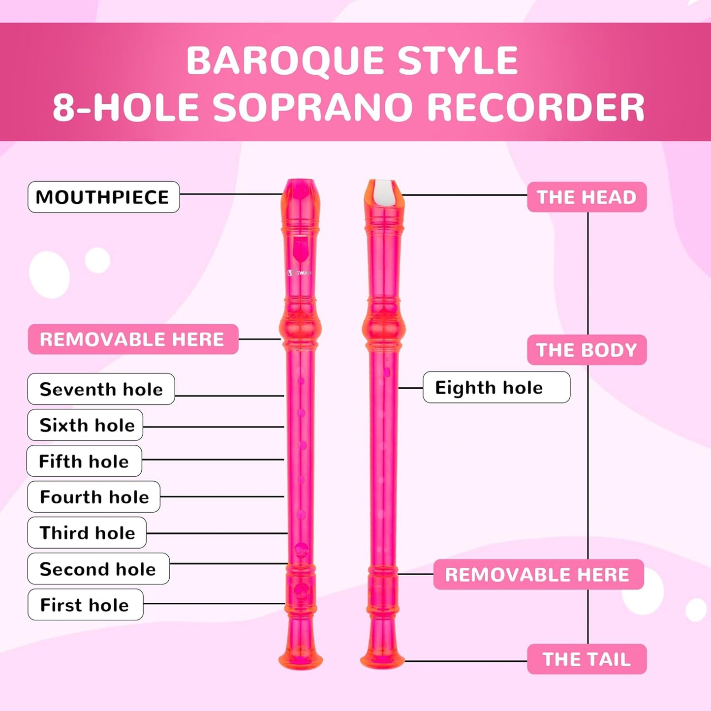 SWAN Soprano Recorder Instrument for Beginners Kids Student in School - Baroque Style 8 Hole Flute Detachable 3pcs ABS Descant Recorders with Cleaning Rod and Fingering Chart, Transparent Bobby Pink