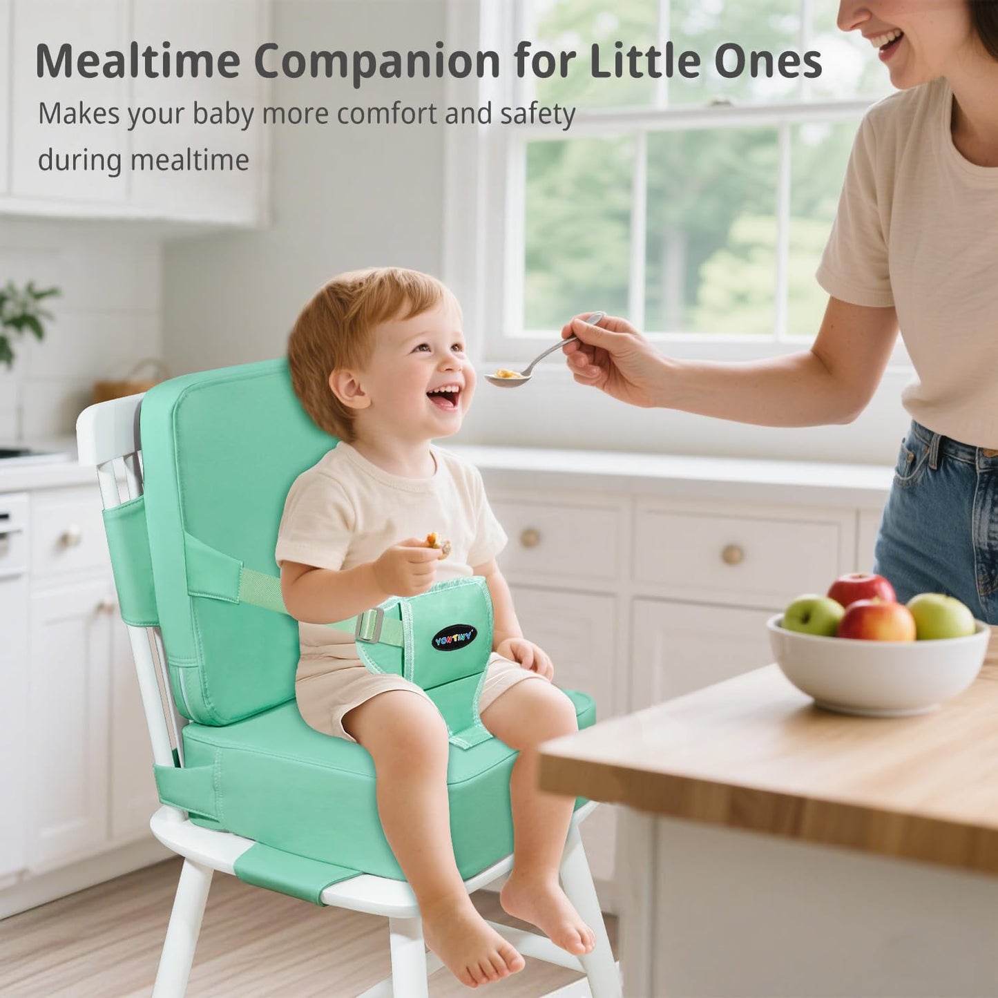 Toddler Booster Seat for Kitchen Chair, 2-in-1 Dining Table Booster Seat with Backrest & Adjustable Straps – Easy-Clean, PU Portable Toddler Eating Travel Increasing Cushion-Green