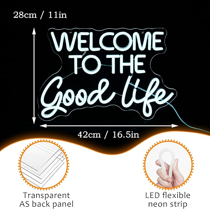 Welcome To The Good Life Neon Sign Letter LED Neon Lights Dimmable USB Powered 16.5’’X11’’Cool Wall Decorative Light Bedroom Kids Room Birthday Party Bar Decoration Gifts for Friend（Ice blue）