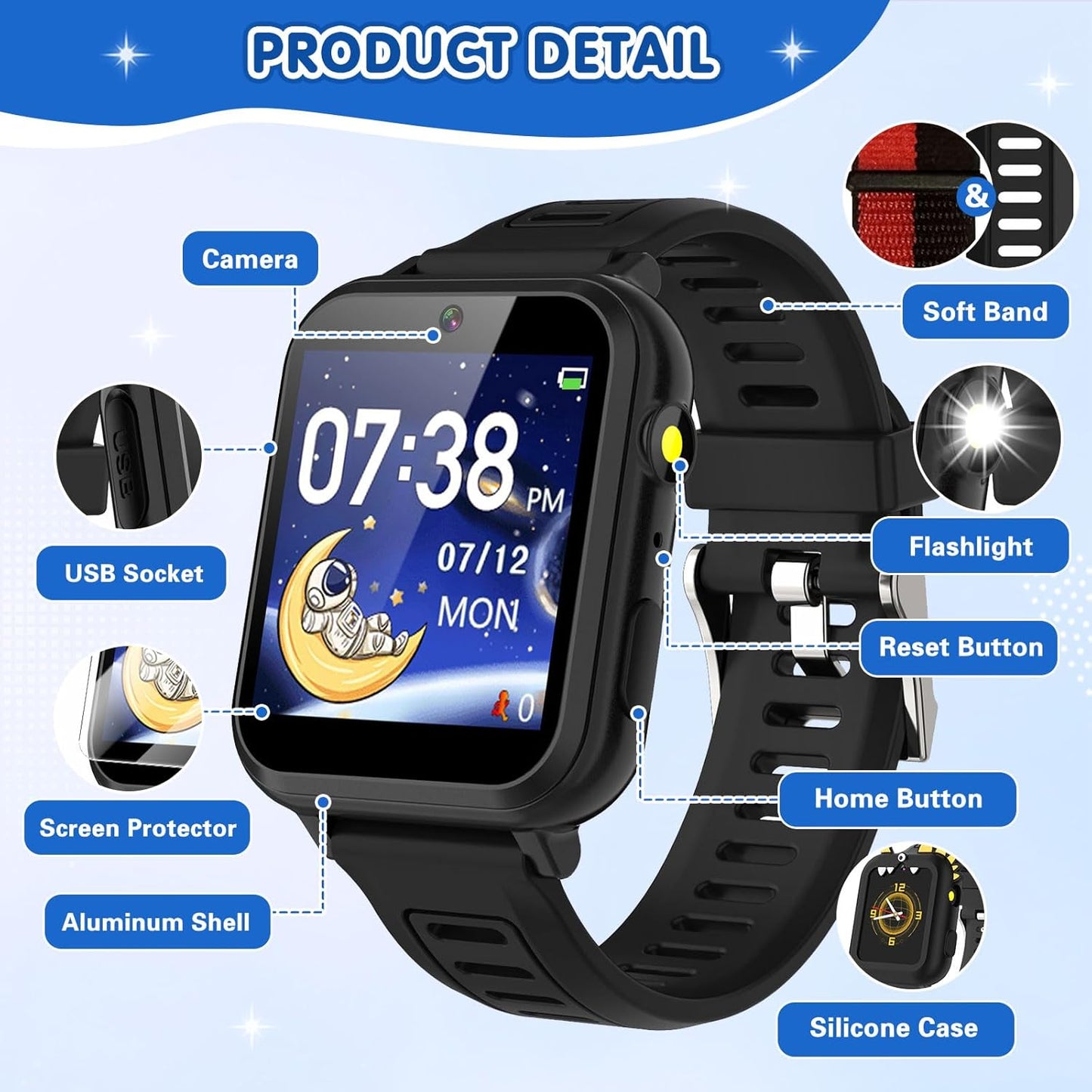 Smart Watch for Kids with 39 Games Touchscreen Camera Video, Music Player, Pedometer, Calculator, Calendar, Stopwatch, Flashlight, Alarm Clock 12/24 hr, Birthday Gifts Toys for Boys Ages 3-12