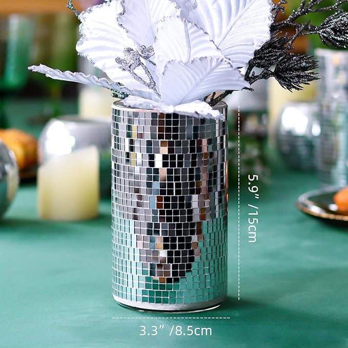 WDHODEC 6 Pcs Disco Vases Bulk Silver Mirror Disco Ball Flower Vase Glass Candle Holder for Wedding Table Centerpieces Decoration 6"