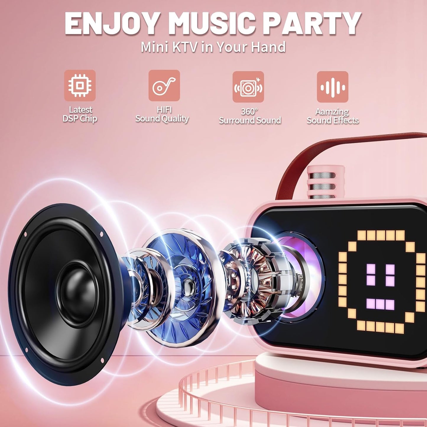 Karaoke Machine for Kids Adults, Portable Bluetooth Karaoke Speaker with 2 Wireless Microphones, Pixel Display Light, Birthday Gifts Toys for Girls & Boys Ages 3, 4, 5, 6, 7, 8, 9,10,11,12+ Years