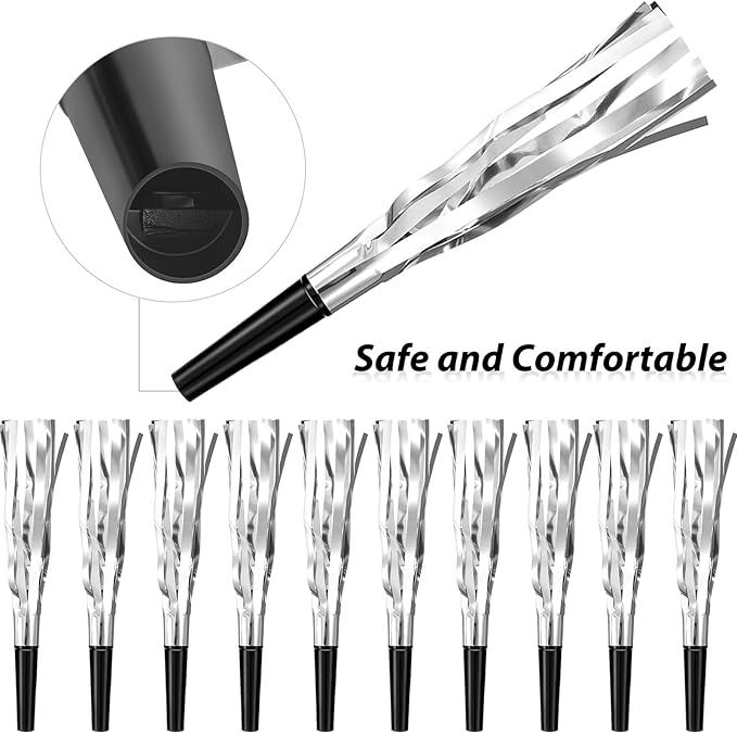 200 Pcs Party Blowers Noise Makers Party Horns Blowout Clappers Noisemakers for Halloween Christmas Birthday Sporting Party New Year's Eve Party Supplies 2025(Black Silver)