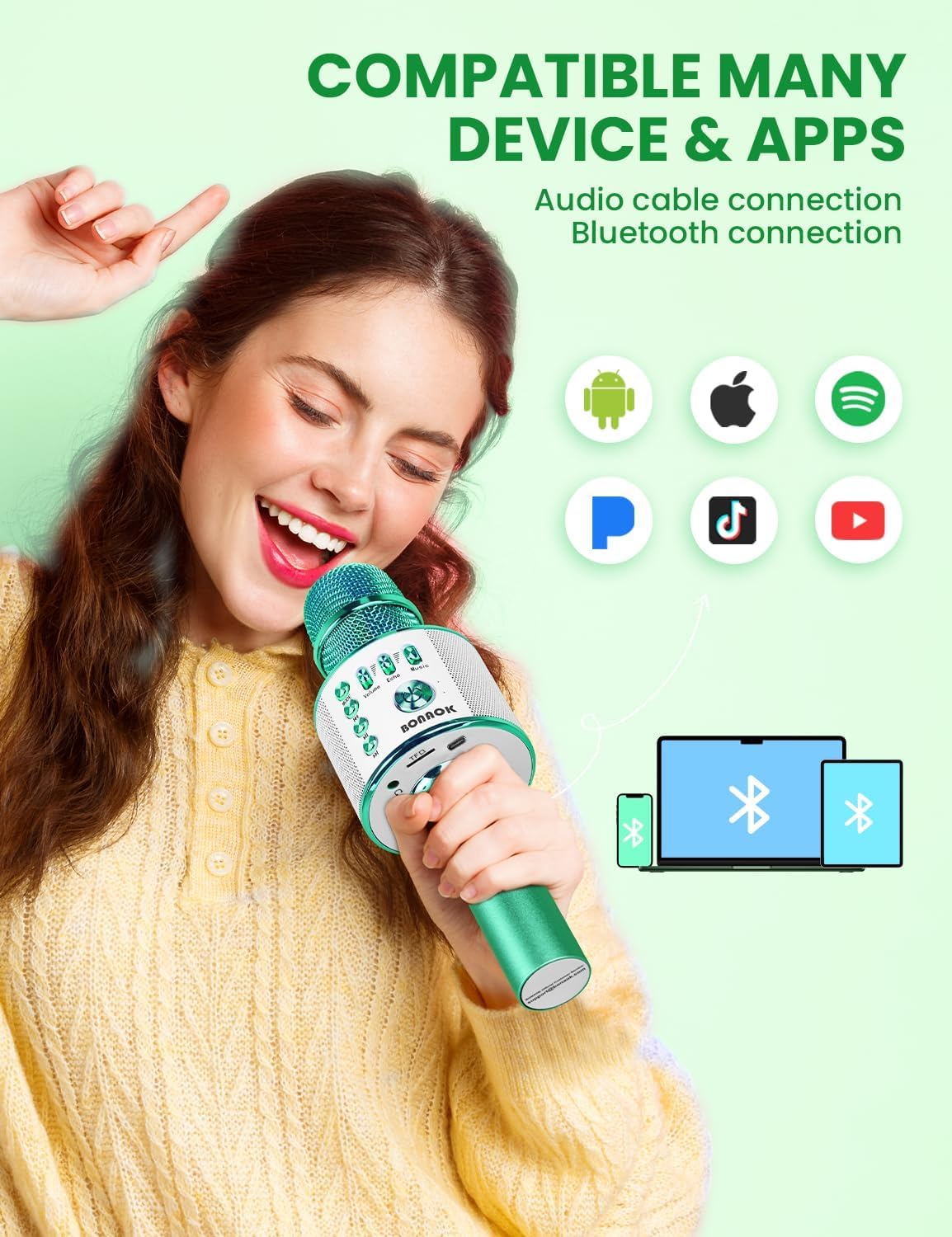 BONAOK Wireless Bluetooth Karaoke Microphone, 3-in-1 Portable Handheld Mic Speaker for All Smartphones, Gifts for Boys Kids Adults All Age Q37(Green)