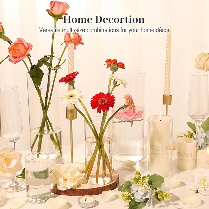 12 PCS Clear Cylinder Vases for Centerpieces | 4, 6, 8,10 Inch Tall Flower Vase for Wedding Decorations, Clear Floating Candle Vases in Bulk, Hurricane Candle Holders for Table, Home Décor