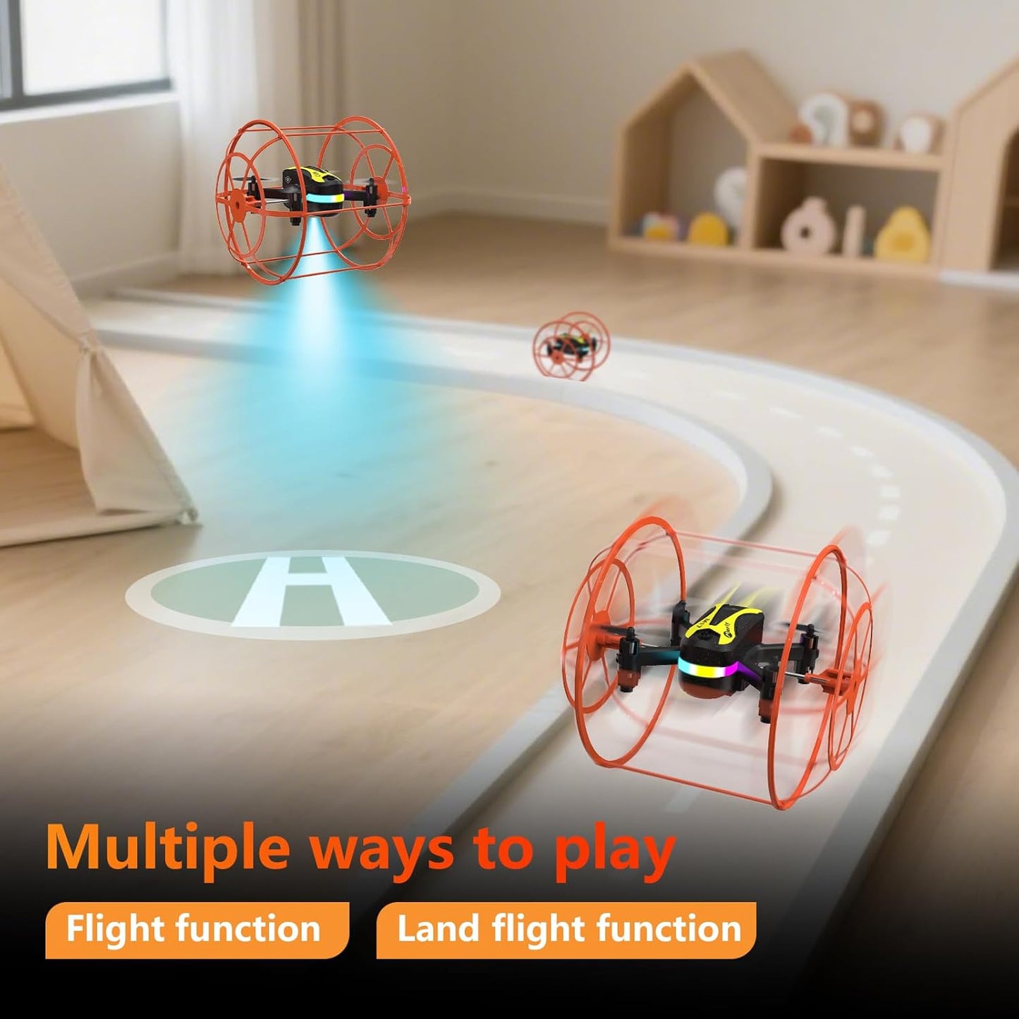 M17 Mini Drone Land-Air Dual Mode Indoor RC Quadcopter with Protective Cover for Beginners Headless Mode One Key Take-off/Landing 3D Flip 3 Speed Modes Rechargeable Battery