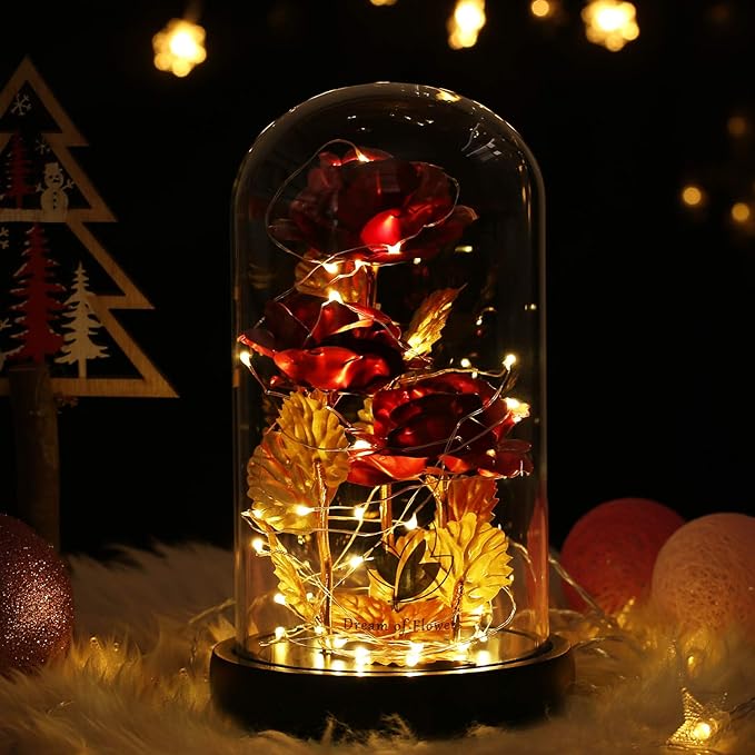 Beauty and The Beast Rose,Preserved Flowers Bouquets Gifts,Light Up Rose Flower in Glass Dome,Birthday Gifts for Women,Mom,Girlfriend Wife Anniversary,Valentines,Thanksgiving,Christmas,Wedding