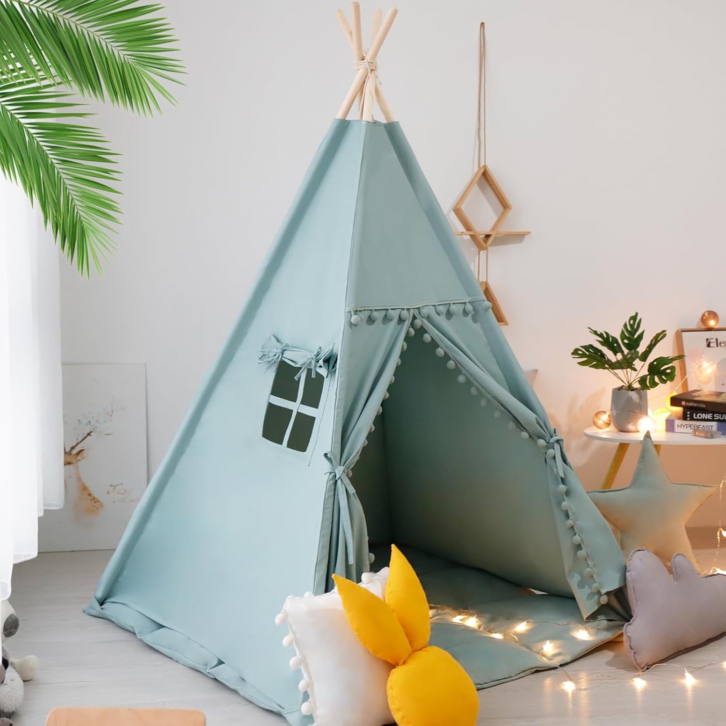 Teepee Tent for Kids with Mat, Star Lights, Carry Case, Cotton Canvas Playhouse, Foldable Tents, Portable Children Play Tent Indoor Outdoor (Jewelry Blue)