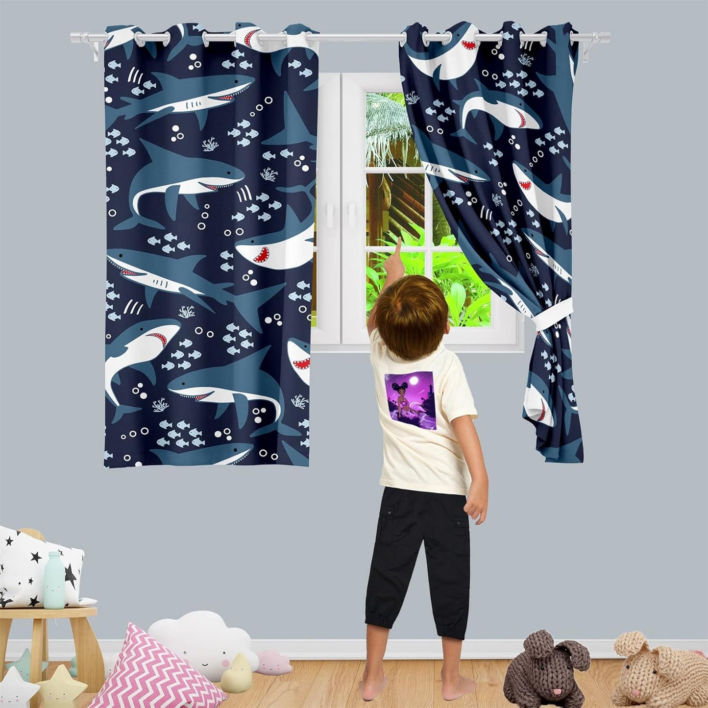 Shark Blackout Curtains 2 Panels 63" Inch Drapes Boys Curtains for Bedroom Cute Ocean Life Themed Grommet Top Thermal Insulated Boys Room Curtains for Nursery, Navy Blue, 82" x 63"