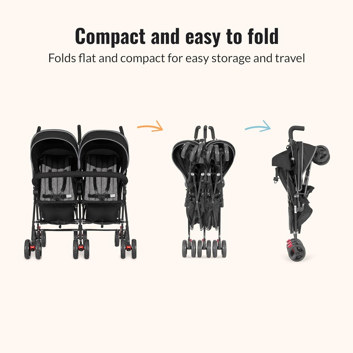 Dream On Me Volgo Twin Umbrella Stroller in Black, Lightweight Double Stroller for Infant & Toddler, Compact Easy Fold, Large Storage Basket, Large and Adjustable Canopy