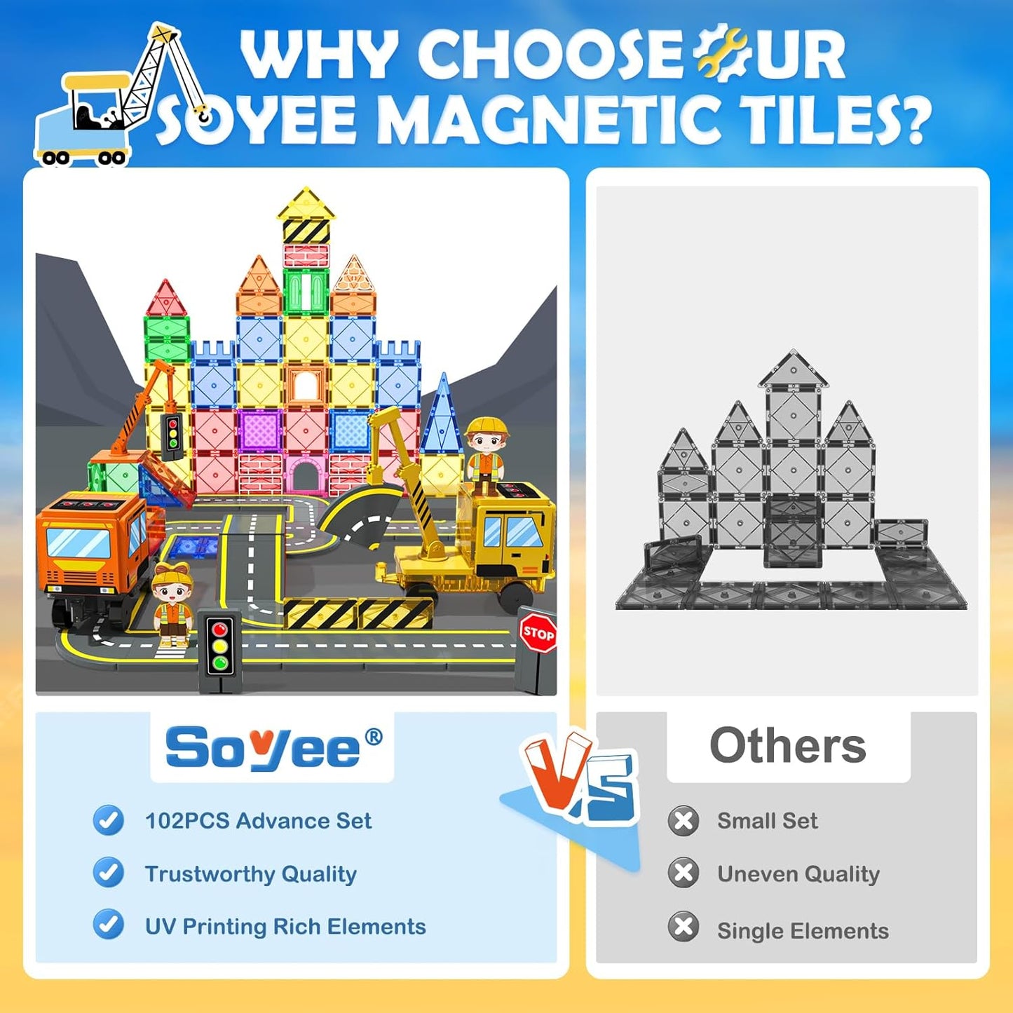 102 PCS Magnetic Tiles with 2 Cars & 2 Cranes Magnet Construction Building Kids Toys for Creative Play and STEM Learning Boys Toys & Gifts for 3-12