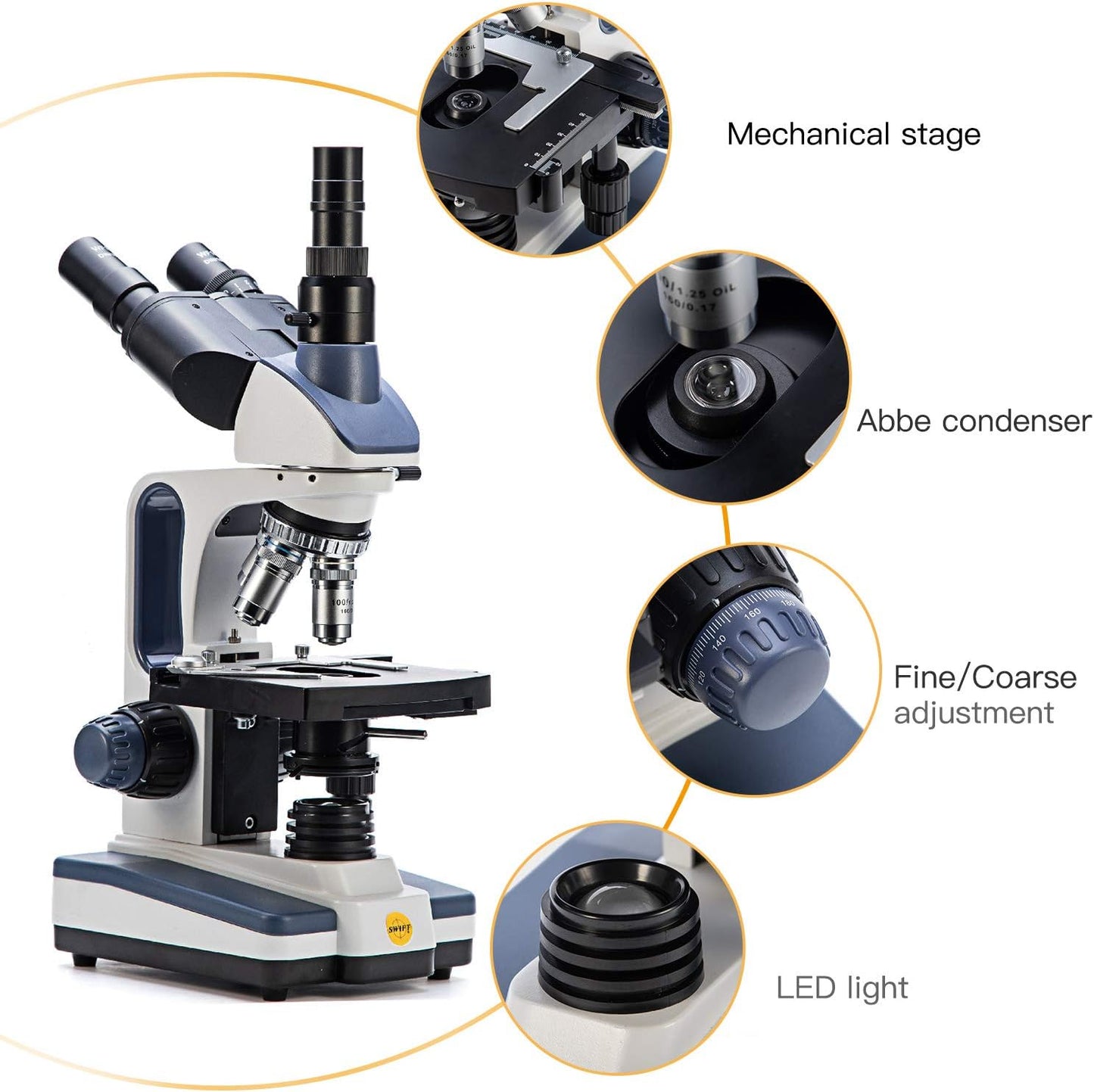 SWIFT Trinocular Compound Microscope SW350T,40X-2500X Magnification,Siedentopf Head,Research-Grade,Two-Layer Mechanical Stage,1.3mp Camera and Software Windows and Mac Compatible
