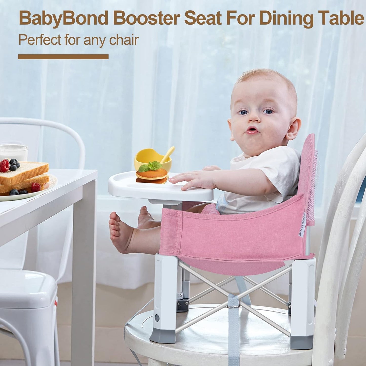 Baby Travel Booster Seat with Double Tray, BabyBond Upgraded Toddler Portable Baby Chair, Booster Seat for Dining Table, Stable and Foldable Booster Baby Chair for Indoor/Outdoor (Pink)