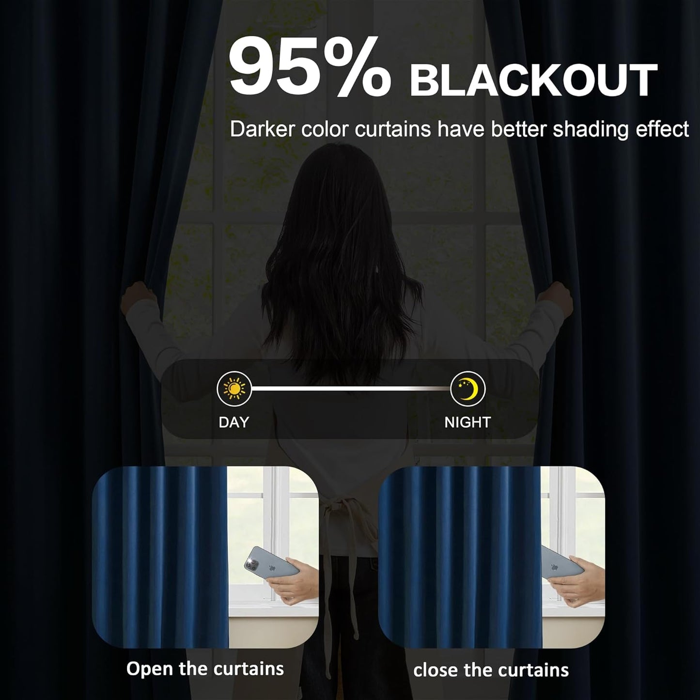 KEQIAOSUOCAI 2 PCs Navy Blue Pleat Wide Drapes for Sliding Glass Door 60 Wide x 95 Inch Long, Privacy Light Block Noise Reduce Insulated Ceiling to Floor for Locker Room Basement Bedroom Closet