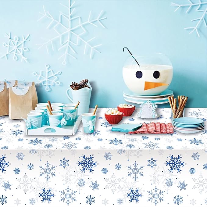3 Pieces Snowflake Christmas Party Tablecloth Decorations,Plastic White Snowflake White Blue Xmas Backdrop Sign Table Cover Banner for Winter Christmas Holiday Party Supplies,54x108 inch（White/Blue）