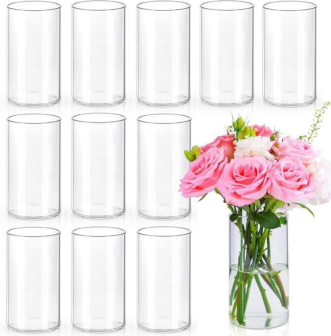 6 Inch Glass Cylinder Vases for Centerpieces | 12Pcs Clear Small Flower Vase for Wedding Decorations, Floating Candle Vases in Bulk, Hurricane Candle Holders for Table, Home Décor