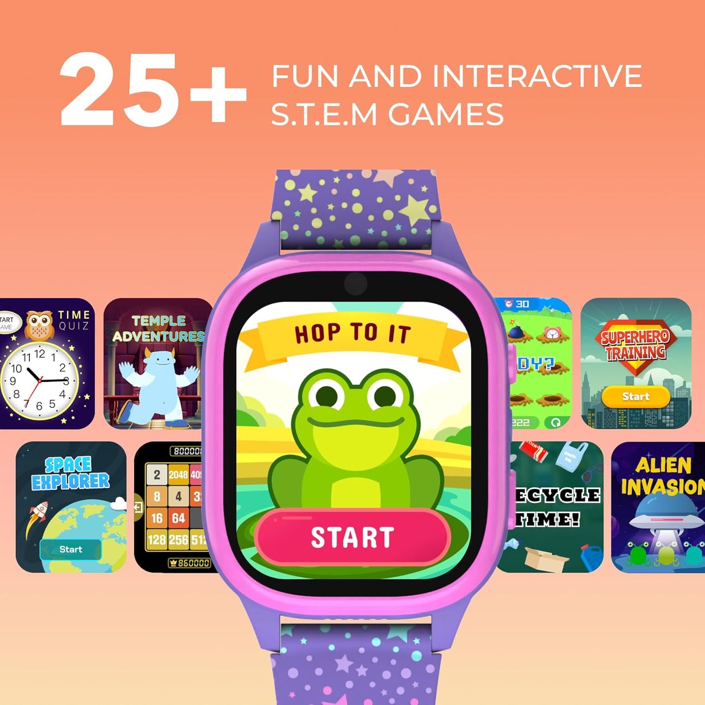 PlayZoom 4 Kids Smartwatch – 1.83” Color Touchscreen, 25+ Games, Selfie Camera, Audiobooks, Songs, Step Tracker, Parental Controls, Waterproof, for Ages 4-12 (Purple Unic)
