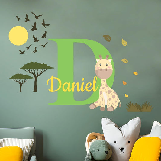 CRYPTONITE Personalized Name Jungle Animals Vinyl Wall Decor I Nursery Wall Decal for Baby Boy & Girl Decoration I Stickers for Kids I Multiple Options for Customization (B. Giraffe)