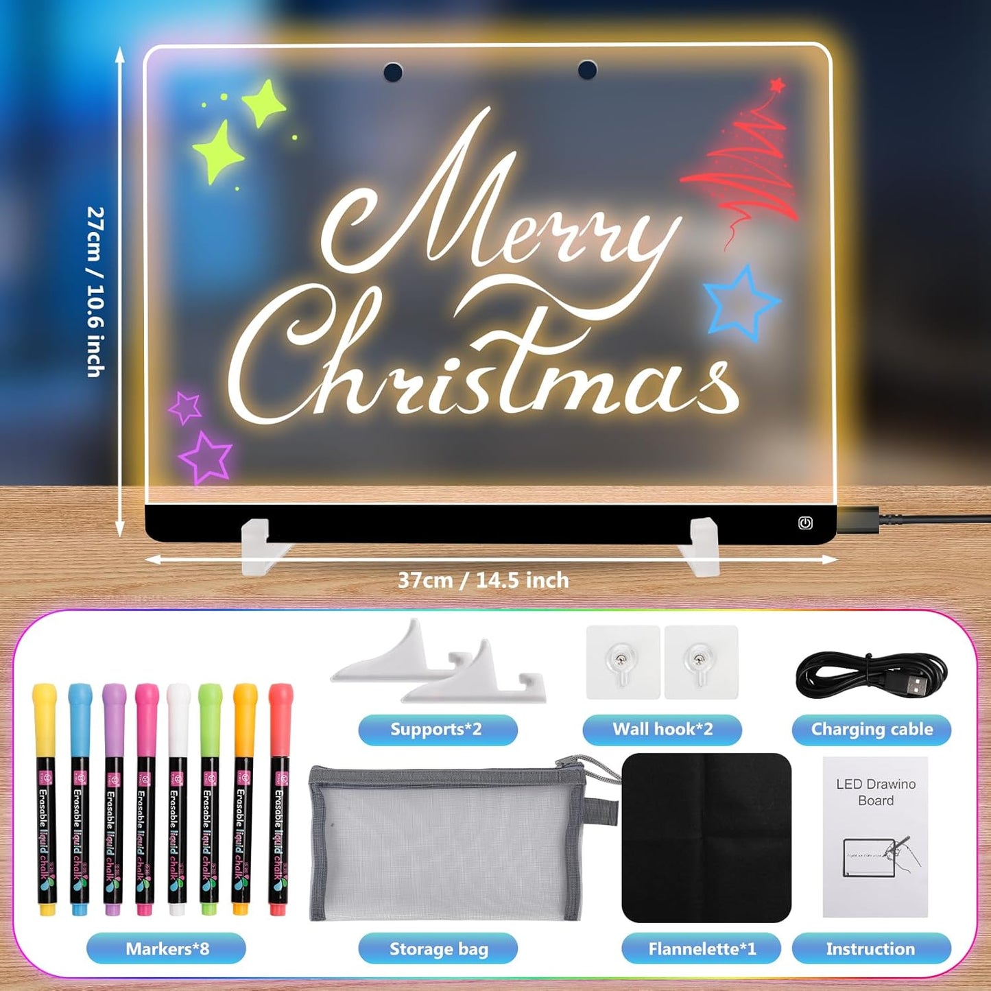 Led Drawing Board for Kids with Stand, Small White Board 14.5"X10.6" 7 Colors Acrylic Dry Erase Board with Light, LED Note Board with Colors, Touch Control, 8 Markers,as Night Light for Festival/Gift