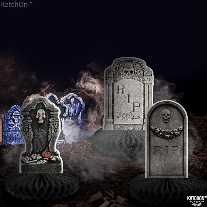 KatchOn, Halloween Tombstone Honeycombs - Pack of 12 | Halloween Table Centerpieces for Tombstone Halloween Decorations | Graveyard Tombstone Paper Honeycombs, Halloween Party Decorations