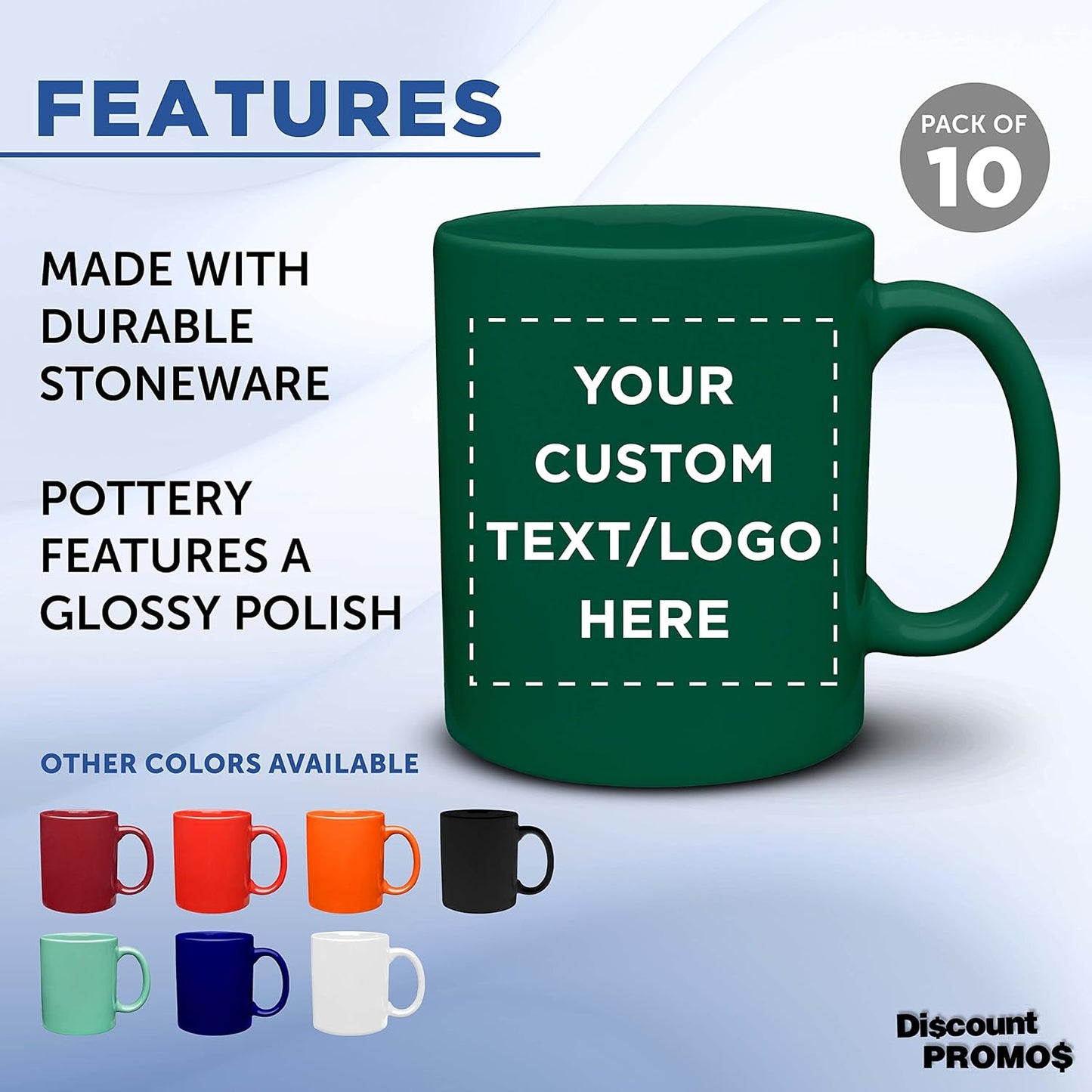 Custom Ceramic Coffee Mugs 11 oz. Set of 10, Personalized Bulk Pack - Coffee cup set, Iced coffee cup, Gaming mug - Green