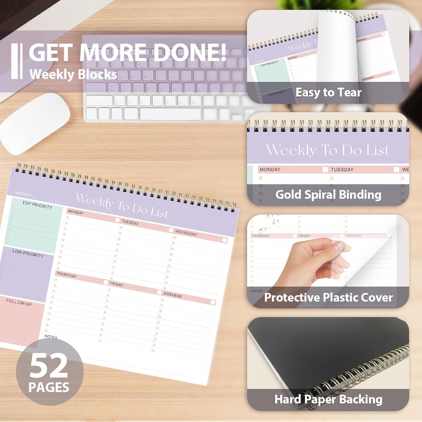Weekly To Do List Notepad, Undated Planner with 52 Sheets (8.5''x11''), Desk Weekly Planner for Women & Man, Home School & Work (C-Lilac)