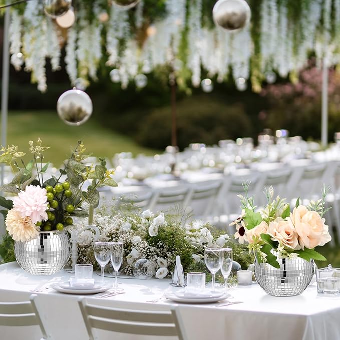Jinei 24 Pcs Disco Vases Bulk Silver Mirror Disco Ball Flower Glass Ball Planter Candle Holder Glass Vase for Wedding Table Centerpieces Bedroom Office Birthday Decoration (3" X 4")