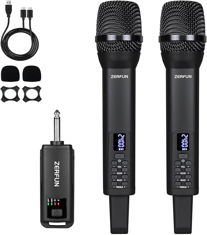 Dual Rechargeable Wireless Microphones, Pro Handheld Cordless Mics System with Echo Treble BASS VOL Control for Karaoke Singing Church Party, 1/4'' Output, Black