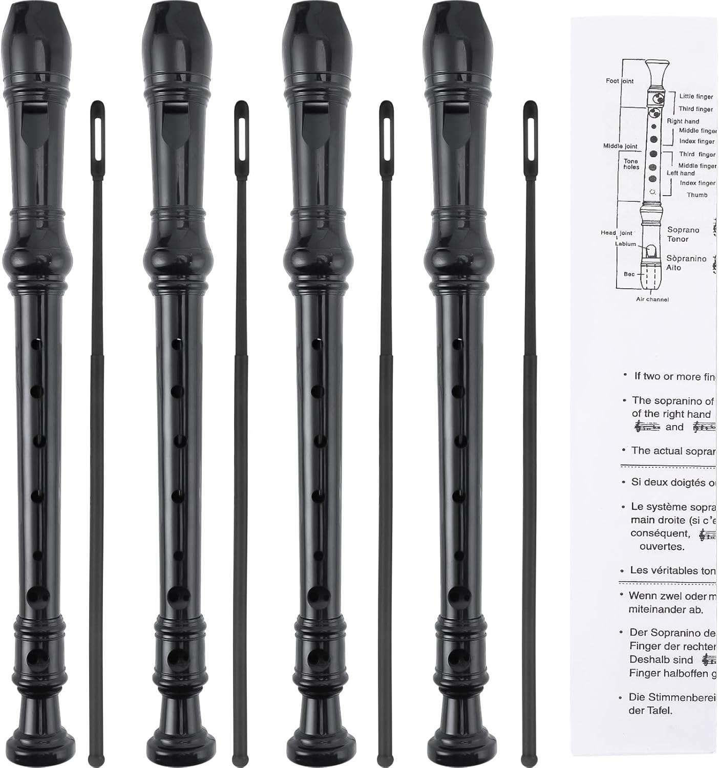 SANNIX 4 Pack Recorder Instrument, 8 Hole German Style Soprano Recorder for Beginner, Recorder With Cleaning Rod, School Student Music Instrument (Black)