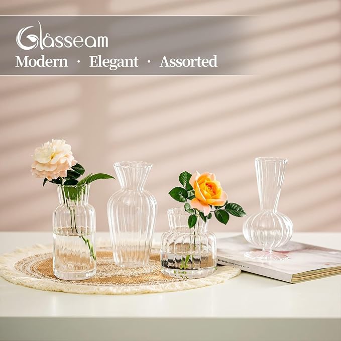 Modern Clear Glass Bud Vase Bulk Set: Glasseam 8Pcs Small Mini Flower Centerpieces Vases Handmade DecorativeCute Short Window Corner Home Decor for Wedding Reception Dining Table Single Rose