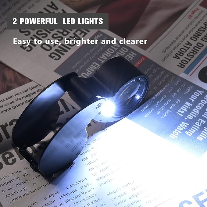 2 Pieces 40X Magnifying Glass, Jewelers Loupe Pocket Folding Magnifier with Light for Watch Coins Stamps Gems Jewelry Diamond Identifying