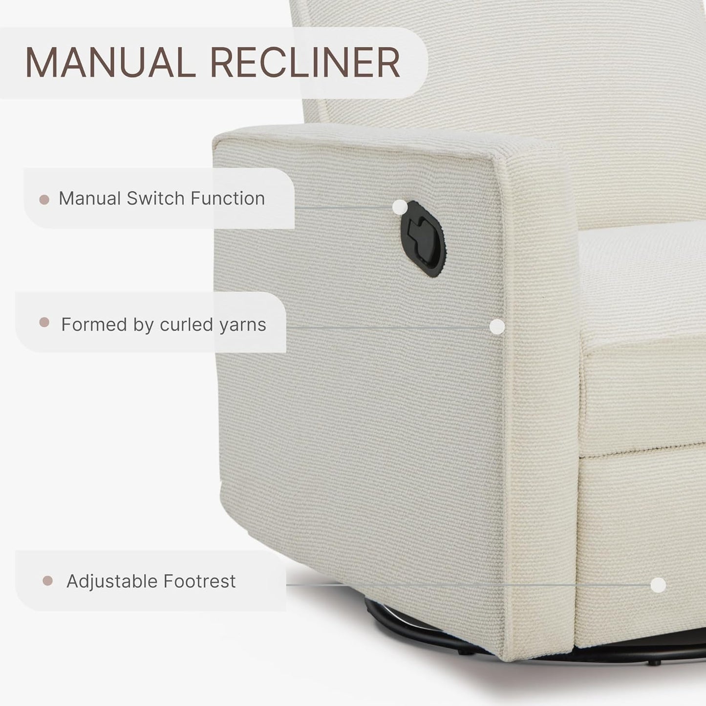 Upholstered Recliner Swivel Glider Nursery Chair Reclining Performance Fabric Rocker with Metal Base,Basketweave,Cream