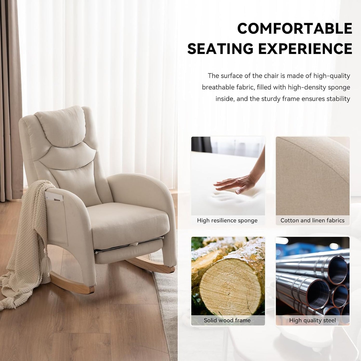 Rocking Chair Nursery,Modern Glider Chair with Adjustable Footrest and Solid Wood Legs,High Backrest Nursery Chair with Side Pocket,Rocker Armchair for Living Room Bedroom Cotton Linen, Beige