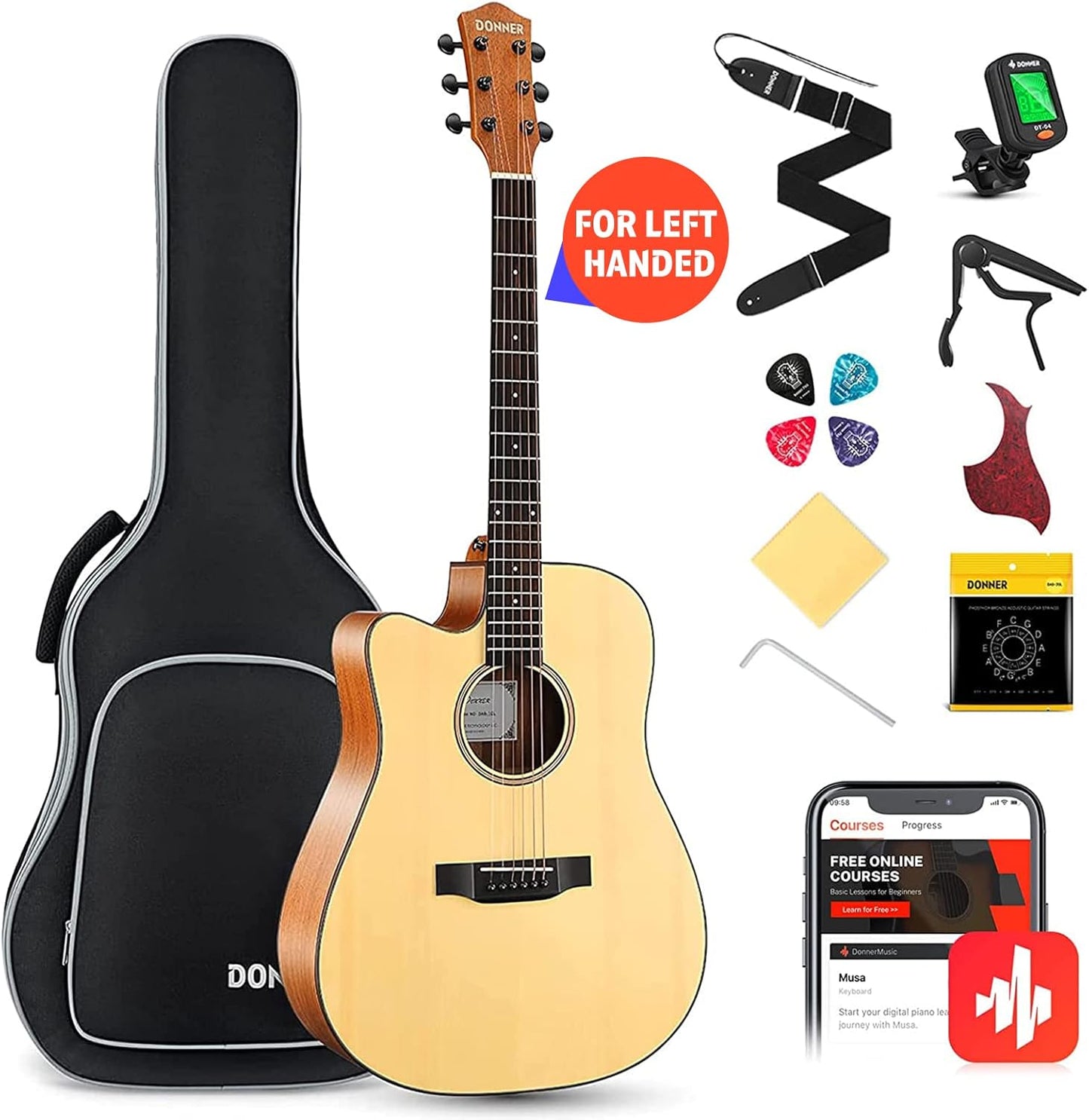 Donner Left Handed Acoustic Guitar Kit for Beginner Adult Full Size Cutaway Lefty Acustica Guitarra Bundle Set with Bag Strap Tuner Capo Pickguard String, 41 Inch, DAG-1CL