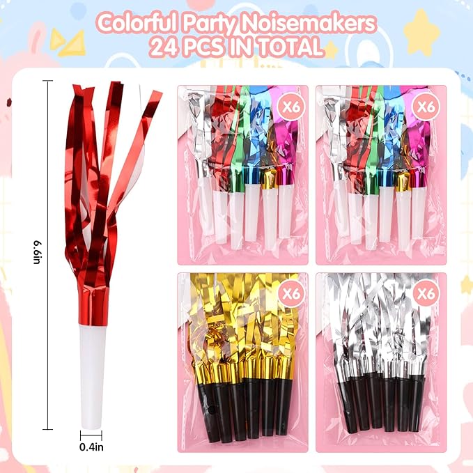 24 Pcs Glitter Noisemakers, Metal Tassel Music Birthday Blowers, Horn Whistles Party Favors Blow Out, Kids New Year's Eve Noisemakers (Color, Gold, Silver)