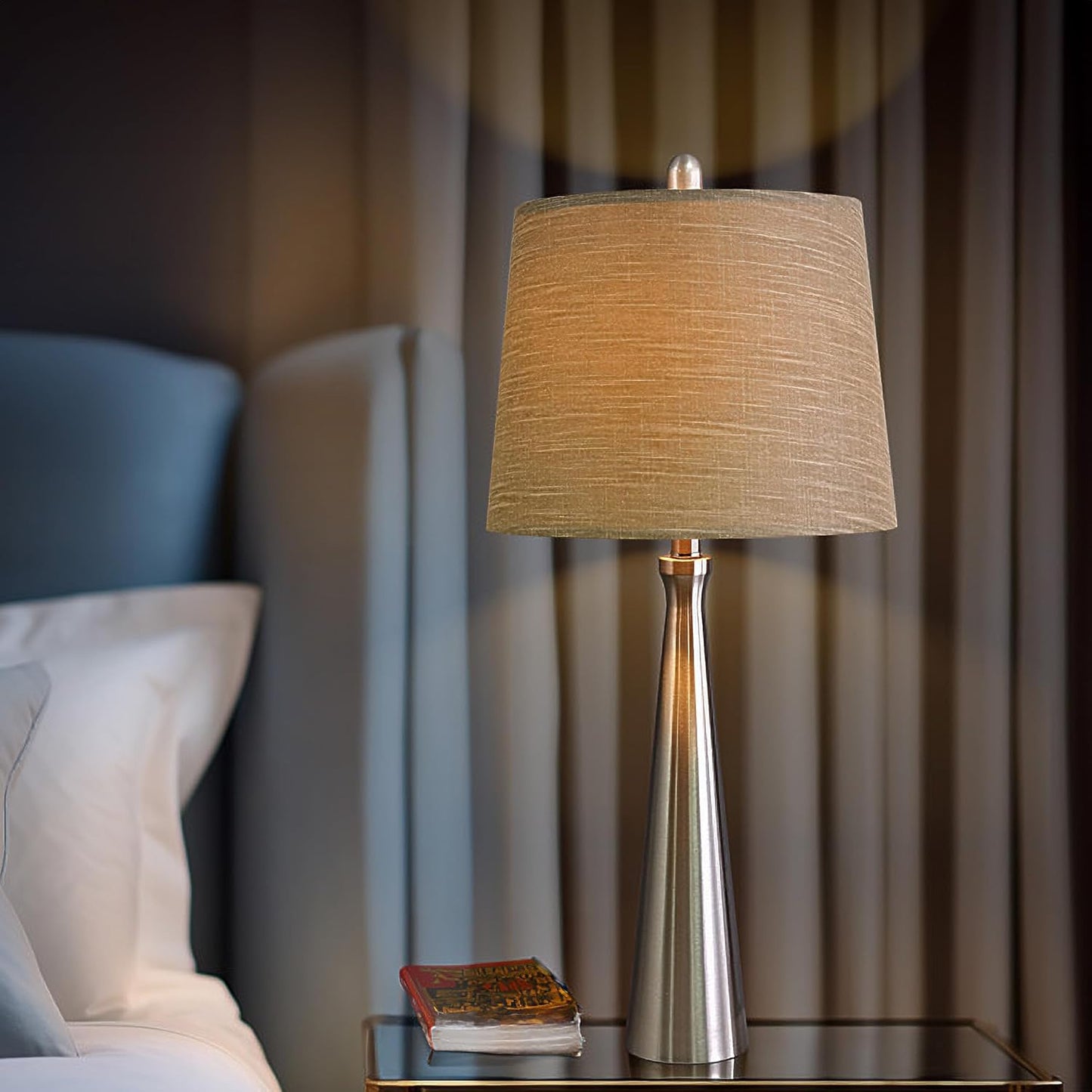 Oneach 25.75" Table Lamps for Living Room Bedroom, Bedside Lamp 3-Way Dimmable Touch Control, Modern Silver Nightstand Light Fabric Shade Vintage Accent Style